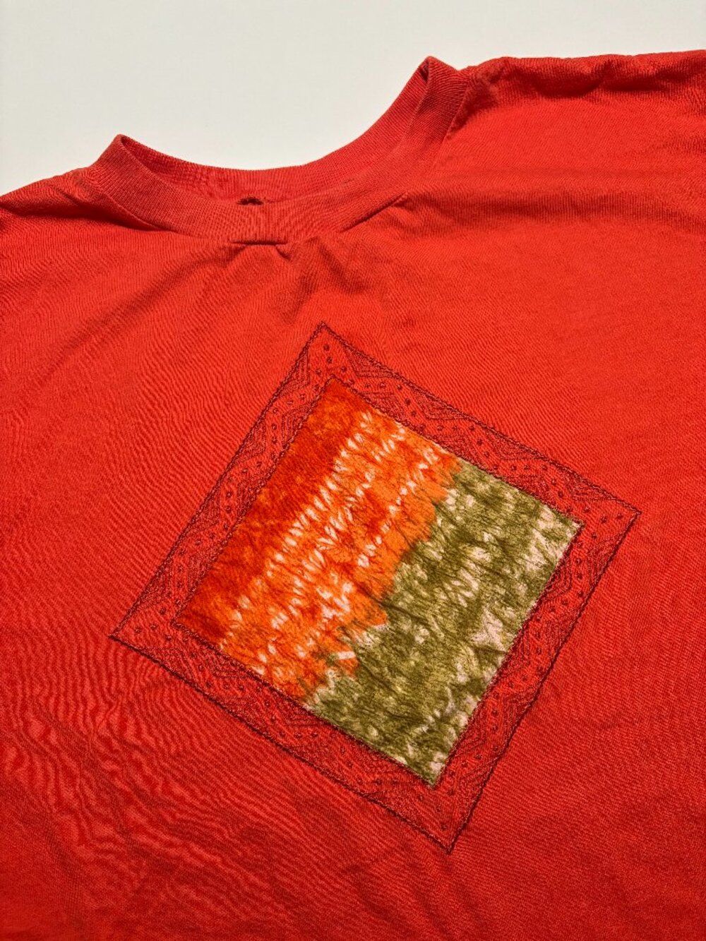 August Max Woman Orange Green & White Tie Dye Patchwork Cotton T-Shirt